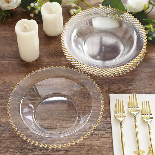 Elegant clear bowls with gold bead trim, perfect for dining.