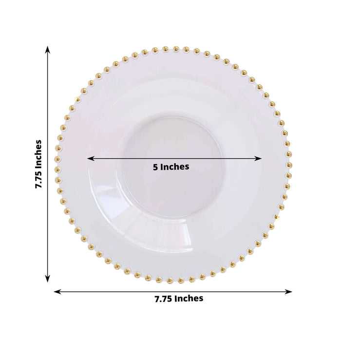 White plate with gold beaded rim, 7.75 inches diameter, 5 inches inner circle.