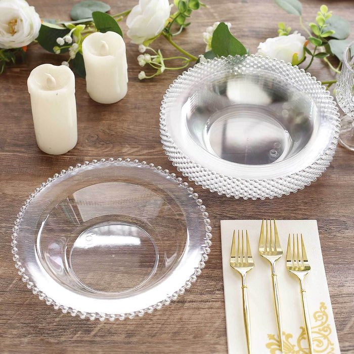 Elegant clear plastic bowls with decorative edges, perfect for entertaining.