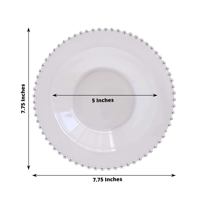 White decorative plate with beaded edge, 7.75 inches diameter, 5 inches center.