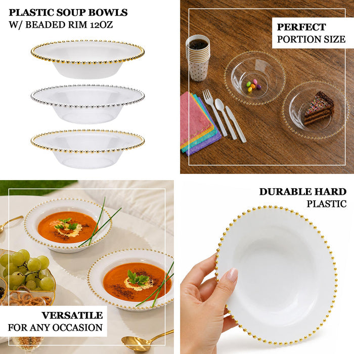 Plastic soup bowls with decorative beaded edge, offering durable, disposable design