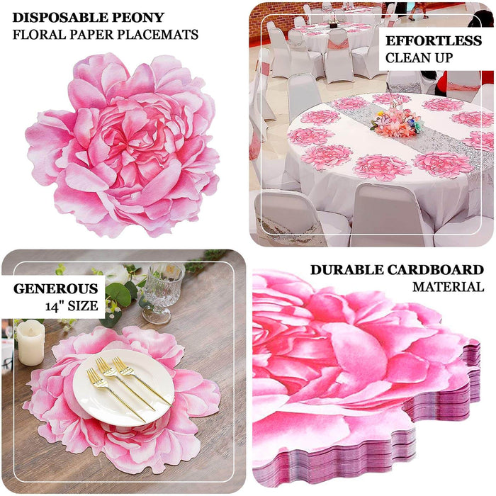 Peony floral paper placemats, 14\" size, durable cardboard, effortless cleanup.