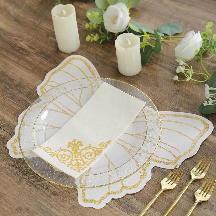 Elegant butterfly-shaped placemat with clear plate and gold accents.