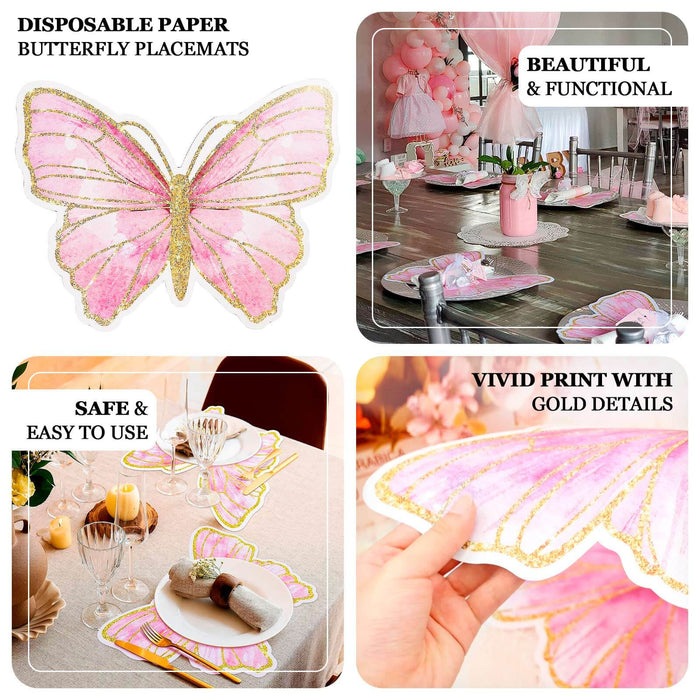 Butterfly-shaped disposable paper placemats in pink with gold details.