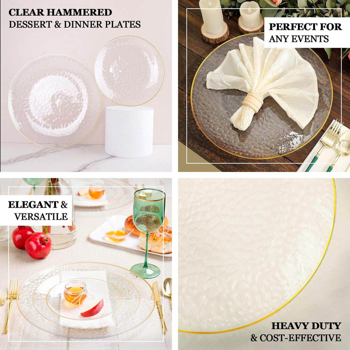 Clear hammered dessert and dinner plates, elegant design for versatile dining.