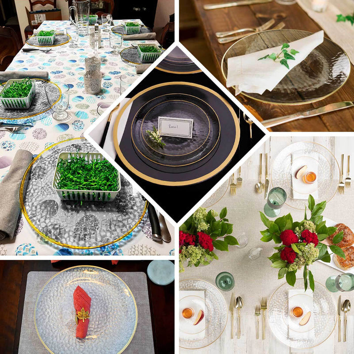 Elegant table settings with decorative plates and fresh floral arrangements.