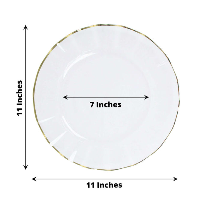 White plate with gold rim, 11 inches diameter, 7 inches inner diameter.