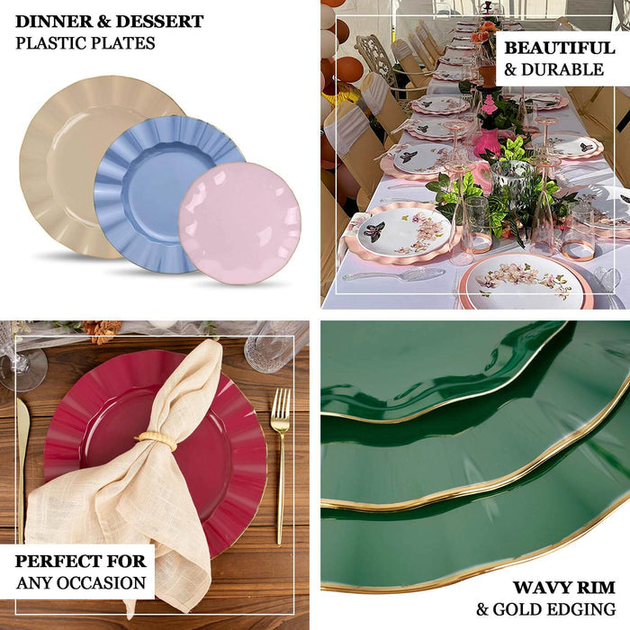 Plastic dinner and dessert plates in various colors, perfect for any occasion.