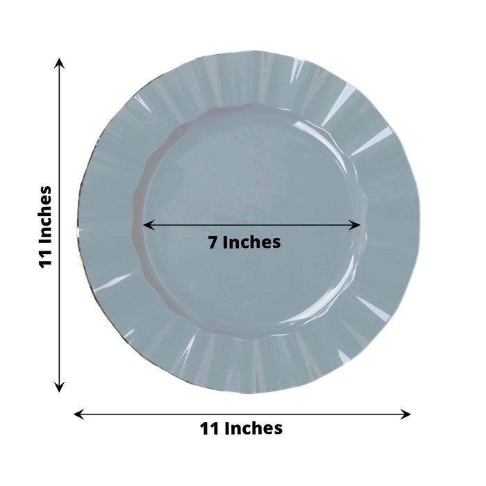 Round blue plate with a fluted edge, measuring 11 inches in diameter and 7 inches wide.