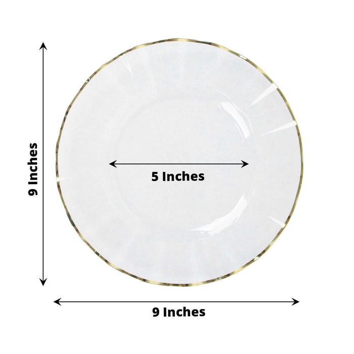 White plate with gold trim, 9 inches diameter, 5 inches inner diameter.