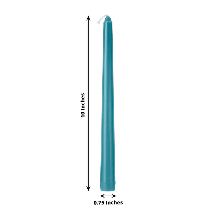 Blue taper candle, 10 inches tall and 0.75 inches wide.
