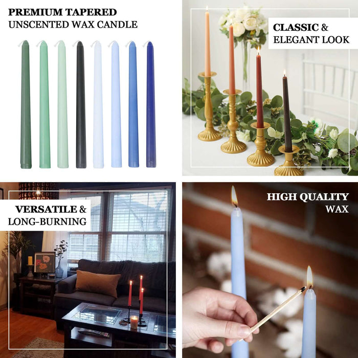 Premium tapered unscented wax candles in various colors for elegant decor.