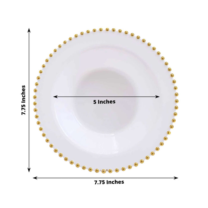 Round white plate with gold beaded rim, 7.75 inches diameter, 5 inches center.