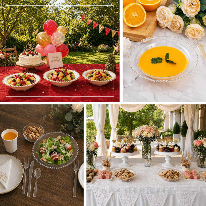 Plastic soup bowls with elegant beaded rim, used for serving soups, salads, and desserts