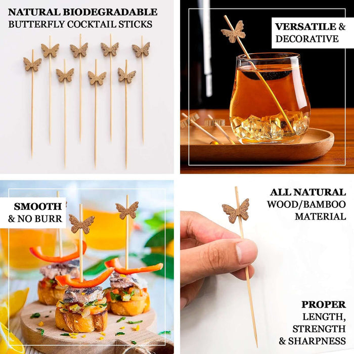 Natural biodegradable butterfly cocktail sticks for versatile and decorative use.