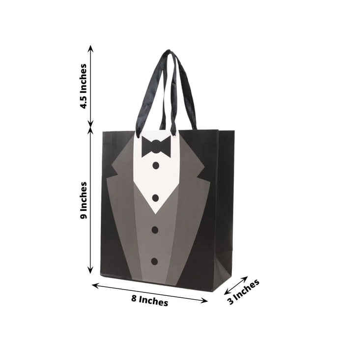 Tuxedo gift bag with dimensions 9x8x3 inches, featuring a black and white design.