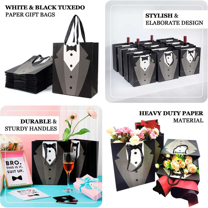 Tuxedo-themed paper gift bags in various sizes and designs.