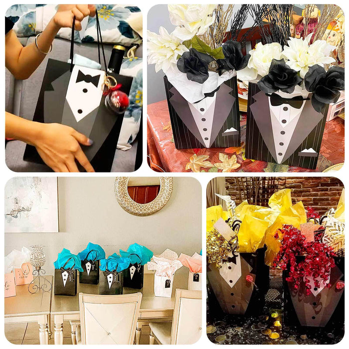 Tuxedo gift bags decorated with flowers and colorful tissue paper.