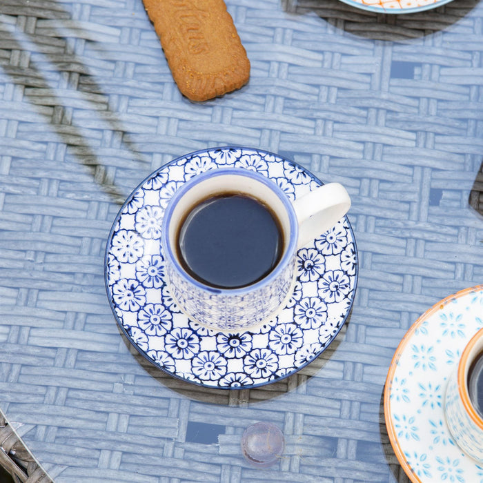 12pc 65ml Hand-Printed Stoneware Navy Espresso Cup & Saucer Set