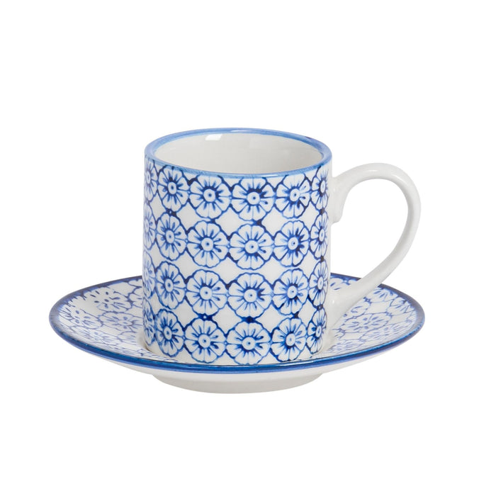 12pc 65ml Hand-Printed Stoneware Navy Espresso Cup & Saucer Set