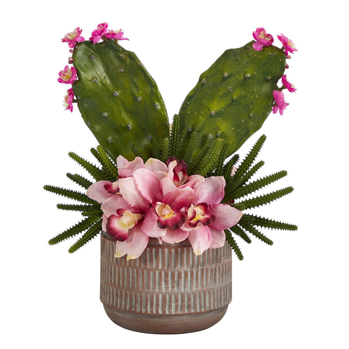 18” Cymbidium Orchid and Cactus Artificial Arrangement in Stoneware Vase