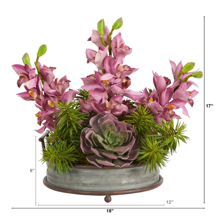 18” Cymbidium Orchid and Echeveria Succulent Artificial Arrangement in Metal Tray with Copper Trimming