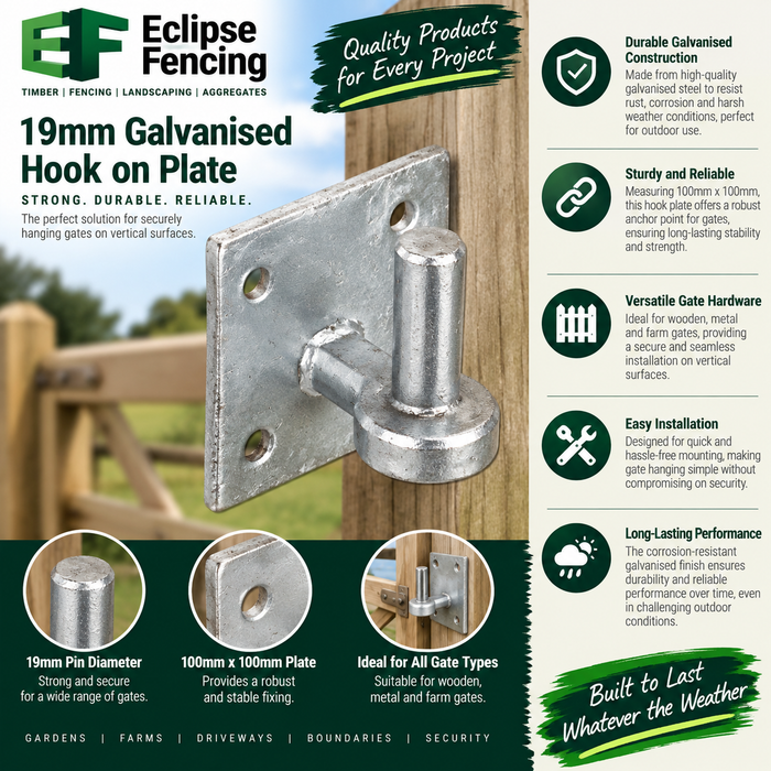 19mm Galvanised Hook on Plate (100mm x 100mm) – Durable Gate Hanging Solution-Eclipse Fencing