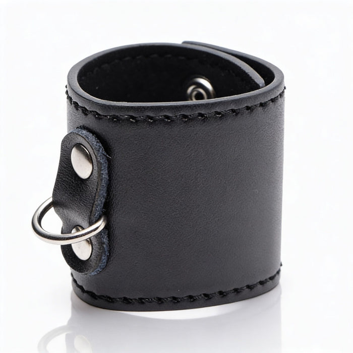 rolled black faux leather ball stretcher with silver d-ring attachment and smooth stitched edges