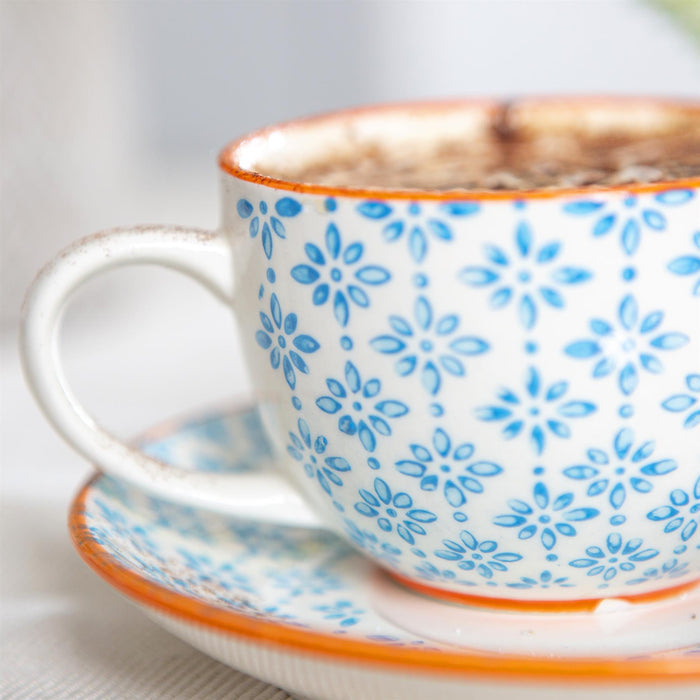 250ml Multicoloured Hand-Printed Stoneware Cappuccino Cups - Pack of Six