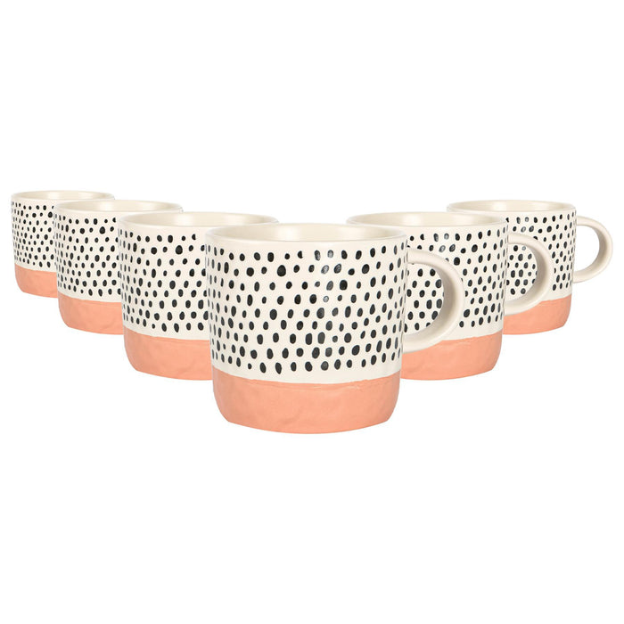 385ml Pink Colour Block Spot Portuguese Stoneware Coffee Mugs - Pack of Six