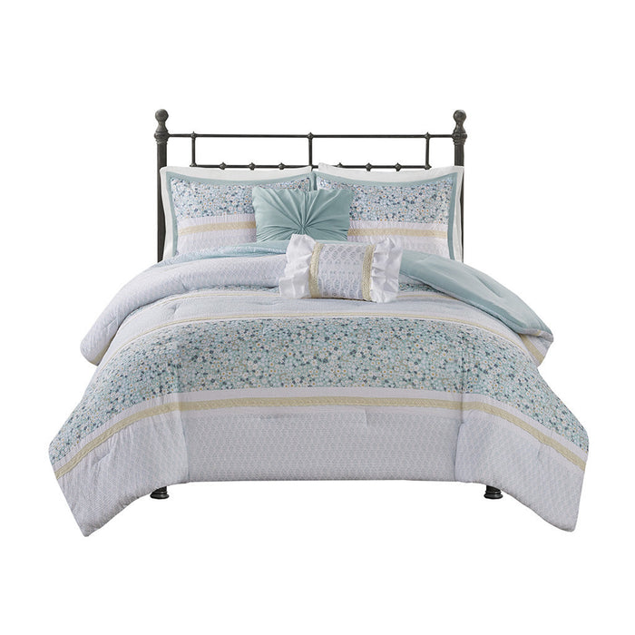 5 Piece Seersucker Comforter Set with Throw Pillows Doba