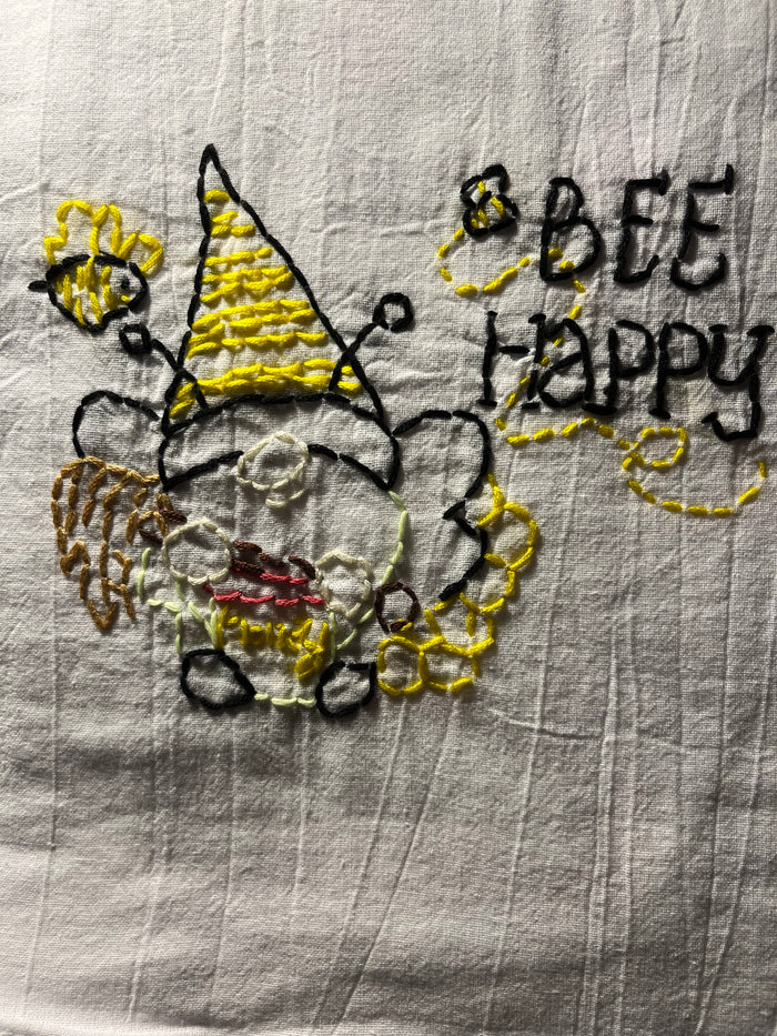 Millie's Tea Towels, Hand Embroidered: Bee Happy Gnome