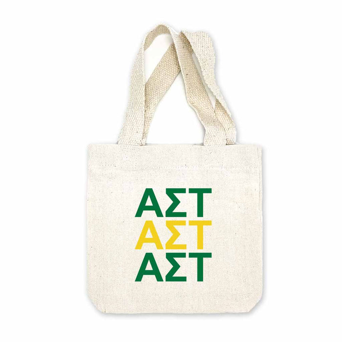 Alpha Sigma Tau sorority letters digitally printed in sorority colors on natural canvas mini tote gift bag.