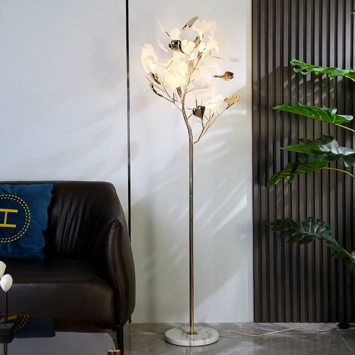 Amara Floor Lamp - Marble Base / Plastic Leaves / 23.6" x 66.9" / 60cm x 170 cm - Remote Control Dimming (3000K to 6000K) - Level Decor