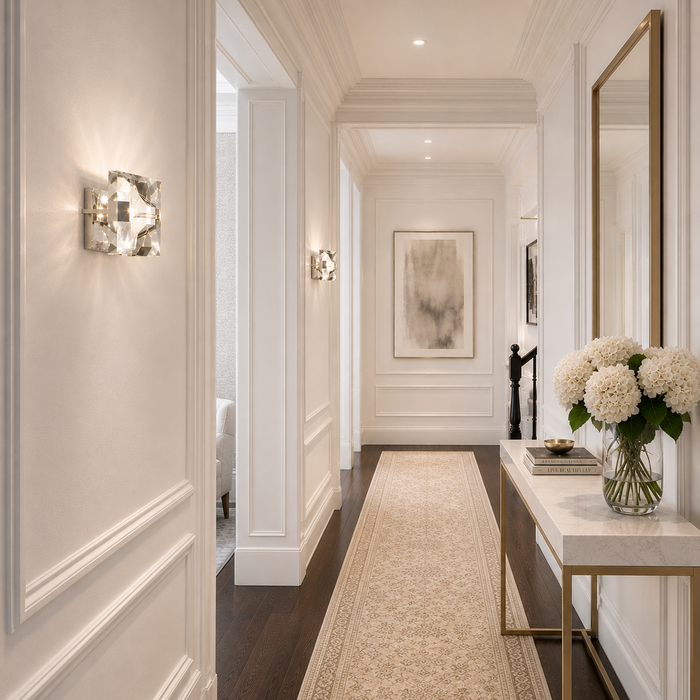 Elegant hallway with decorative wall lights, a mirror, and a vase of flowers.