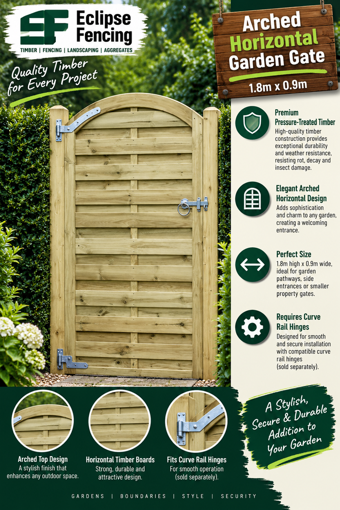 Arched Horizontal Garden Gate – 1.8m x 0.9m Durable Pressure-Treated Timber-Eclipse Fencing