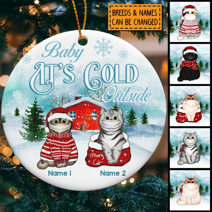 Baby It's Cold Outside Pastel Blue Circle Ceramic Ornament - Personalized Cat Lovers Decorative Christmas Ornament