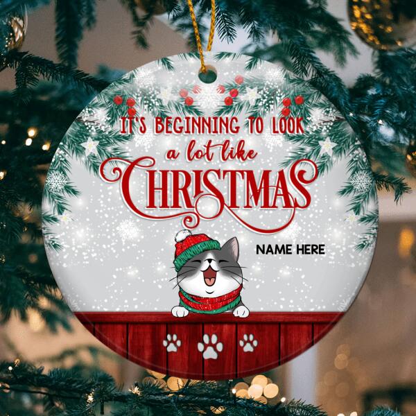 Beginning To Look A Lot Like Xmas Sparkle Silver Circle Ceramic Ornament - Personalized Cat Lovers Christmas Ornament