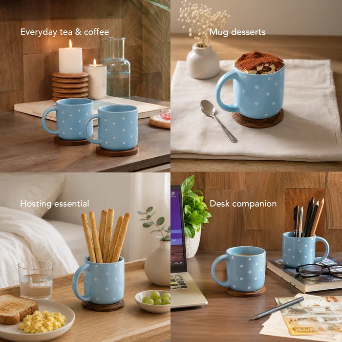 Blue polka dots ceramic mug with wooden lid