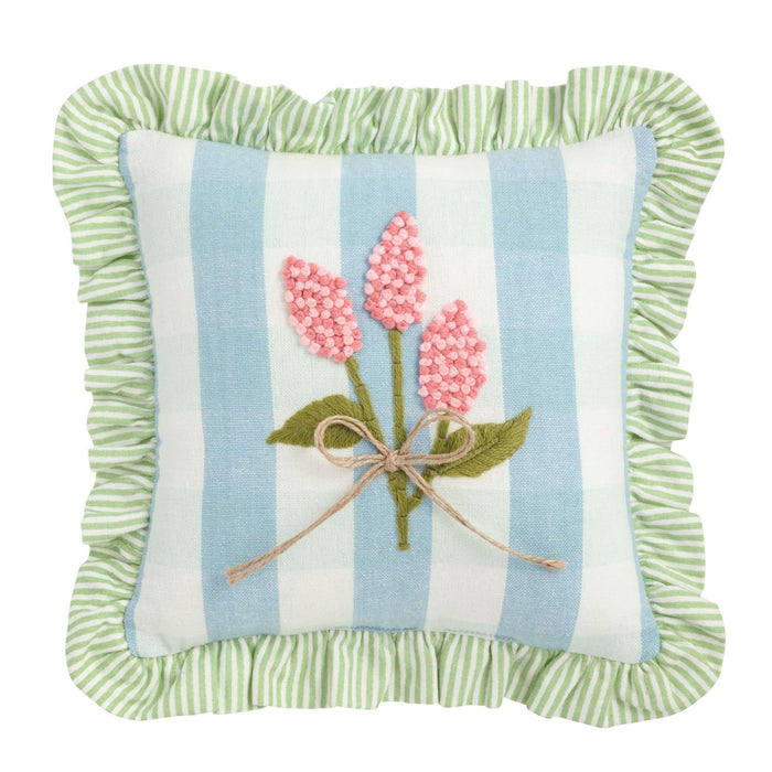 Blue Stripe Ruffle Floral Embroidered Pillow