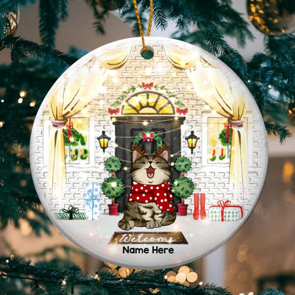 Brick Wall String Xmas Warm Lights Circle Ceramic Ornament - Personalized Cat Lovers Decorative Christmas Ornament