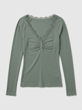 Carrie Lace Trim Ribbed Knit Henley Top