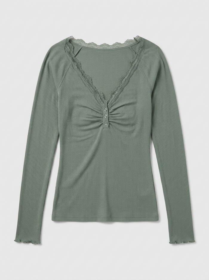 Carrie Lace Trim Ribbed Knit Henley Top