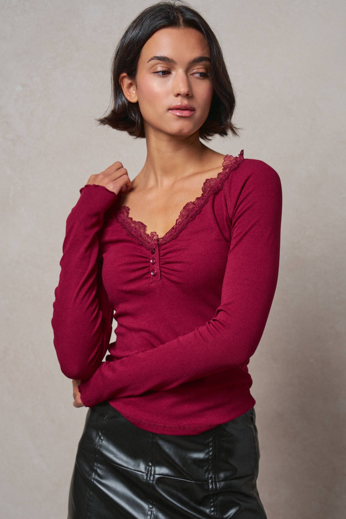 Carrie Lace Trim Ribbed Knit Henley Top