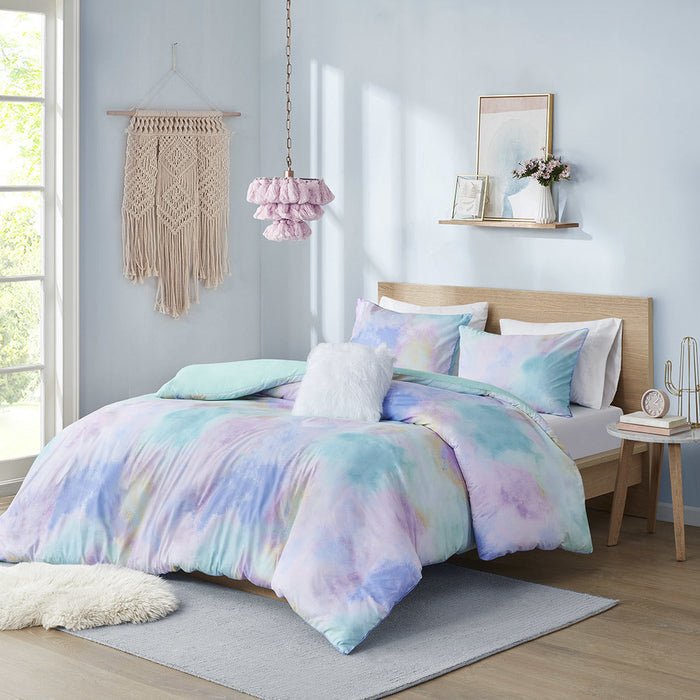 Cassie Watercolor Tie Dye Duvet Cover Set with Throw Pillow Doba