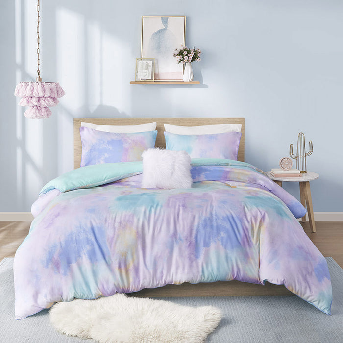 Cassie Watercolor Tie Dye Duvet Cover Set with Throw Pillow Doba