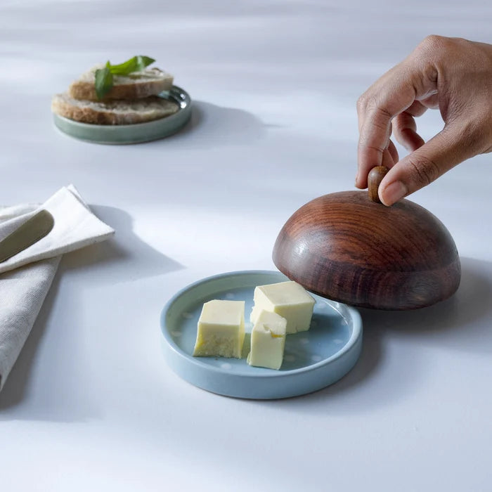 Ceramic Butter Dish Polka Dots With wooden Lid - Blue
