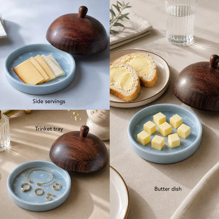 Ceramic Butter Dish Polka Dots With wooden Lid - Blue