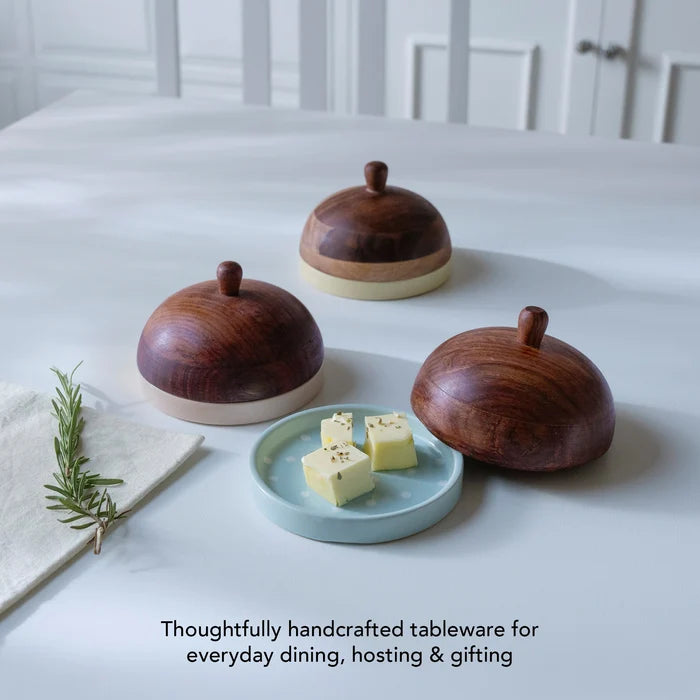 Ceramic Butter Dish Polka Dots With wooden Lid - Blue