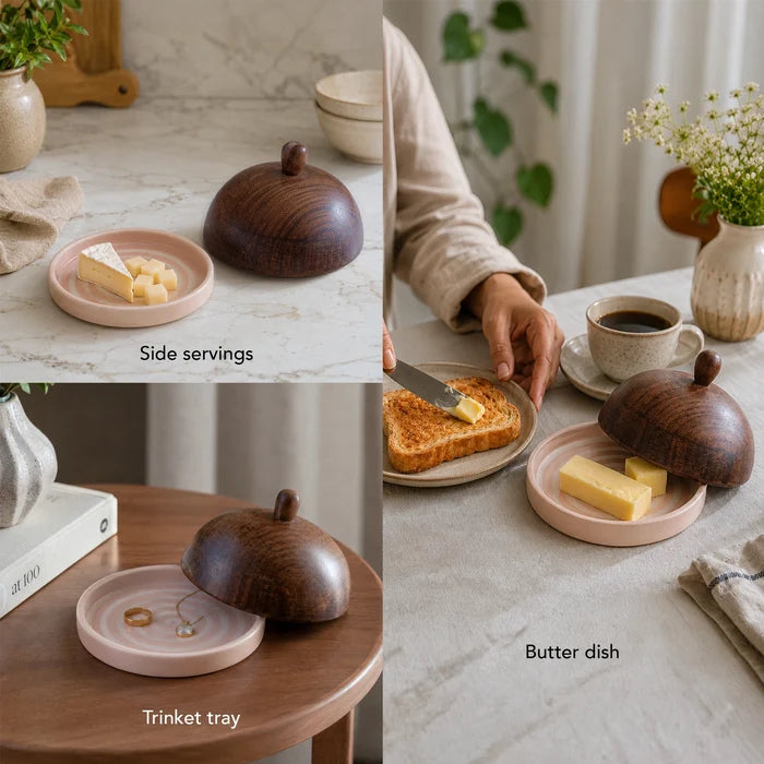 Ceramic Butter Dish Stripes With wooden Lid - Blush